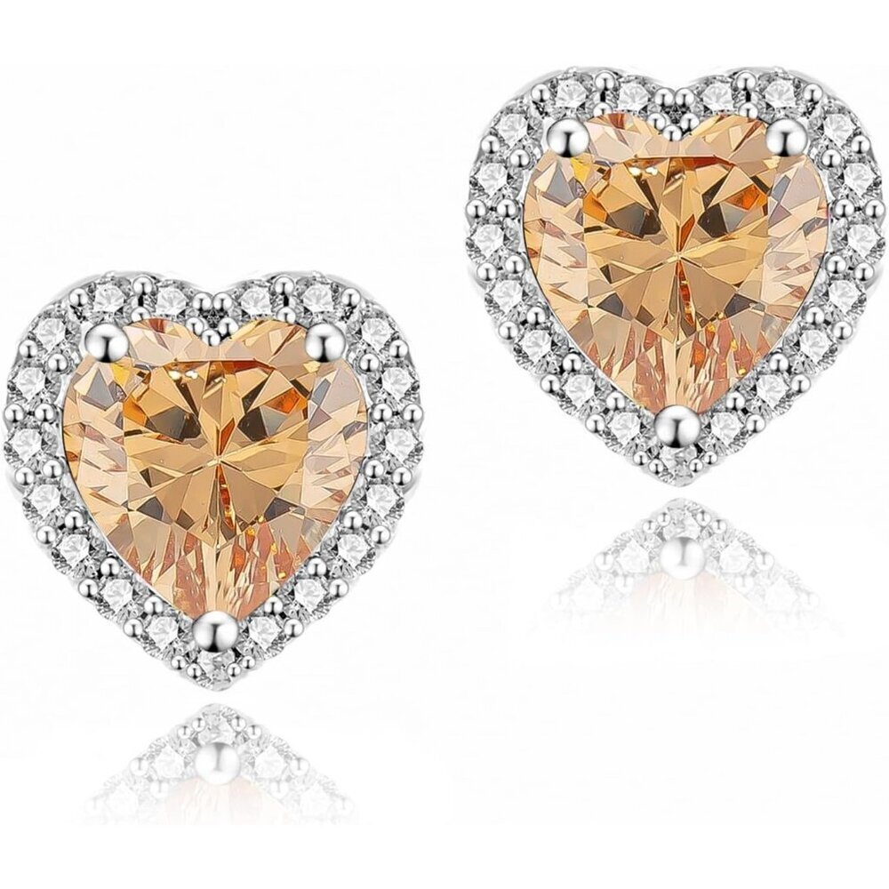 Women's Heart Tan Elegant Mall Dainty Halo Birthstone Cubic Zirconia Earring
